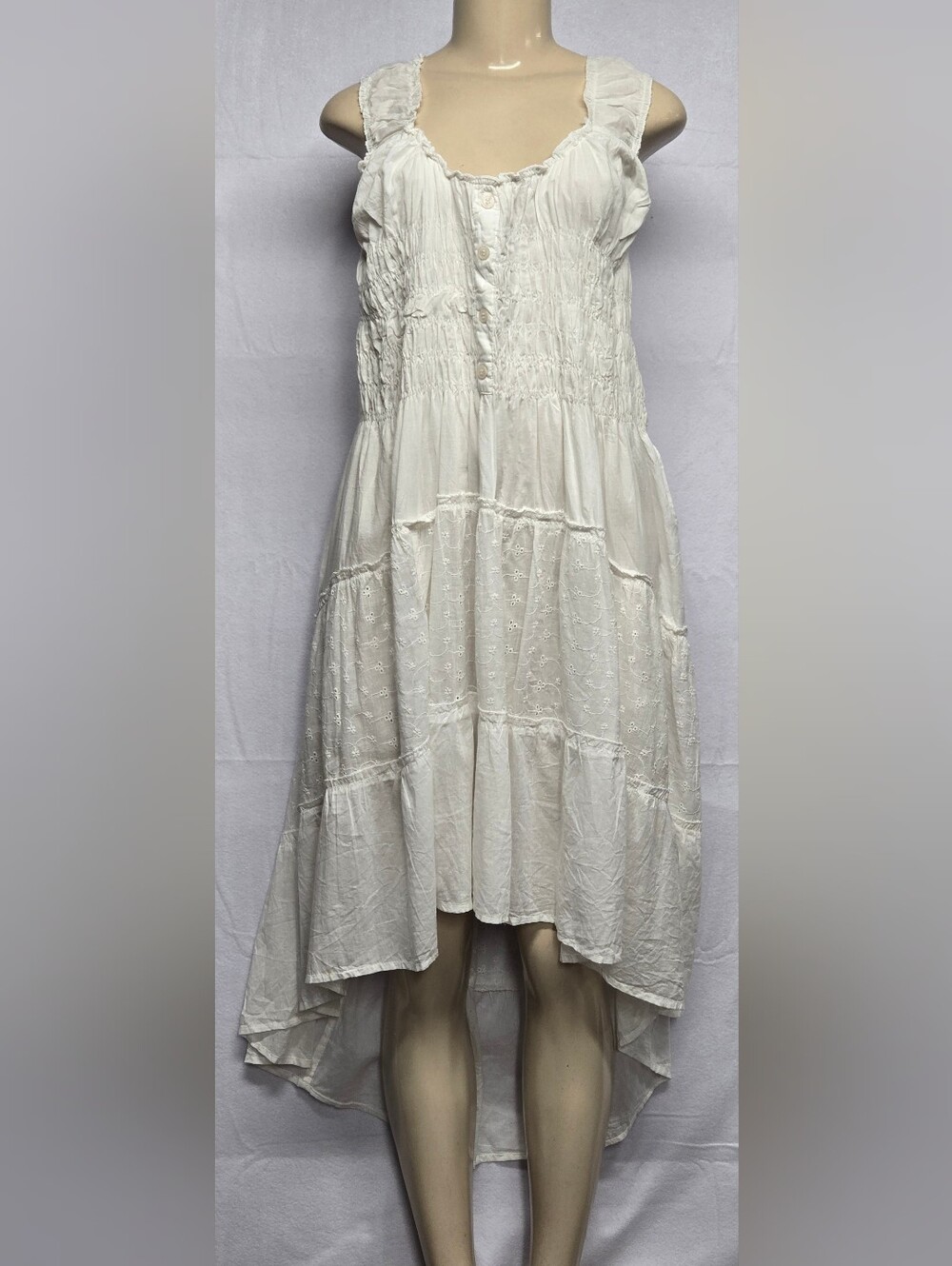 Bella Moda 3X Vintage White Dress Smocked  Eyelet Sleeveless Cotton Hi Low Lined